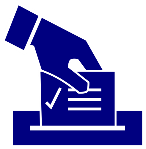 Piktogramm einer Hand, die Zettel in Wahlurne wirft